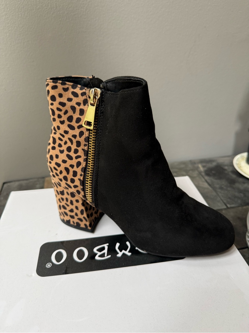 BAMBOO Black Ankle Boot with Leopard-Print Block Heel